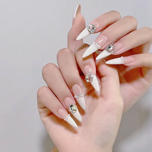 Regal Romance Long Stiletto Pink and White Ombre Press-On Nail Set with Crystal Embellishments
