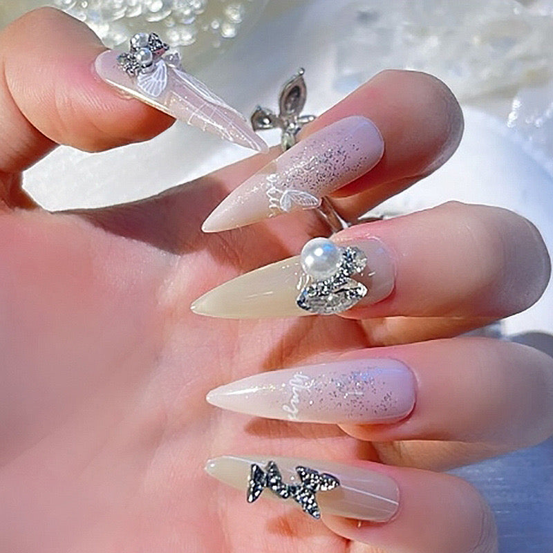 Bridal Bliss Long Stiletto Beige Press-On Nails with Pearlescent Accents and Crystal Embellishments