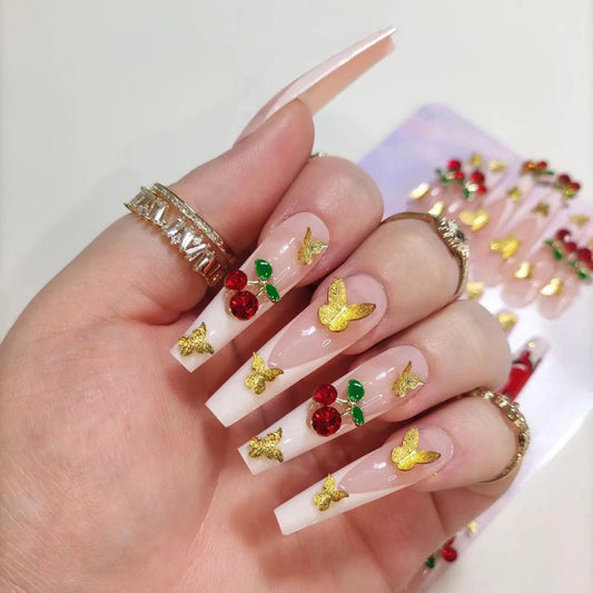 Cherry Stars Long Coffin Multicolor Fruits Press On Nails