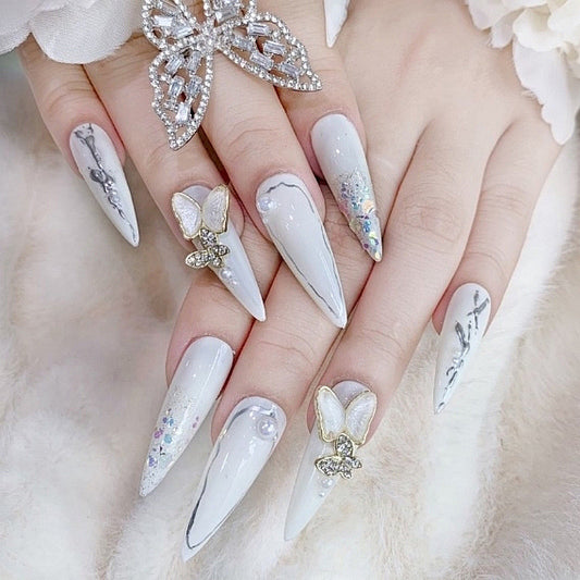 Enchanted Elegance Extra Long Almond Press-On Nails in Pearly White with Glitter Accents and 3D Butterfly Appliqu≈Ωs