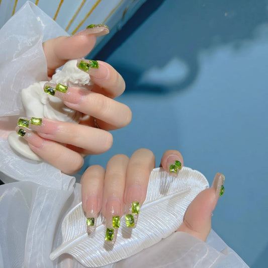 No Way Long Coffin Green Studded Press On Nails
