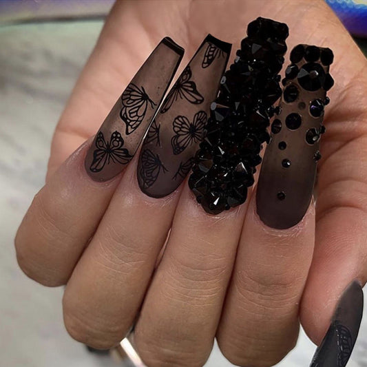 Got The Plan Long Coffin Black Studded Press On Nails