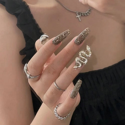 Economic Win Long Coffin Beige Snakeskin Press On Nails