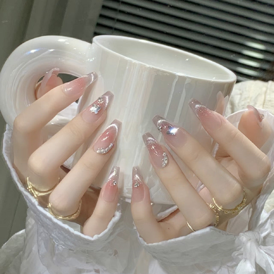 Enchanted Evening Extra Long Coffin Blush Press-On Nails with Silver Gem Accents