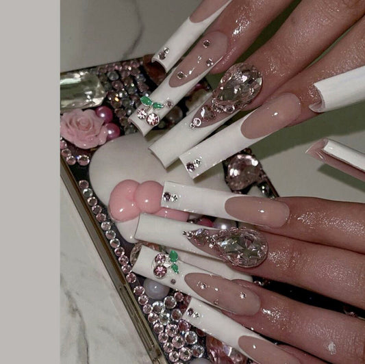 Enchanted Glamour Extra-Long Square White Press On Nail Set with Rhinestone Embellishments and Beige Accents