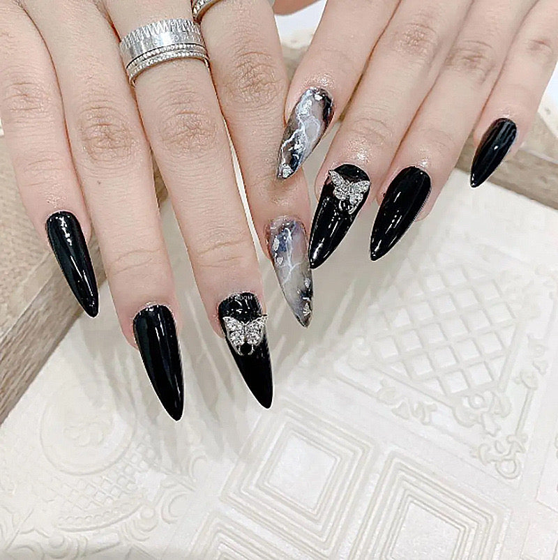 Midnight Elegance Extra-Long Stiletto Onyx Black Press-On Nails with Silver Marble Accent