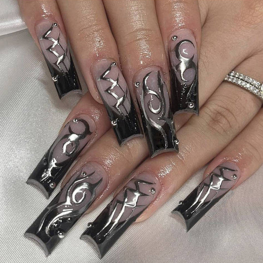 Gothic Gala Extra Long Coffin Black Press-On Nails with Silver Swirl Accents