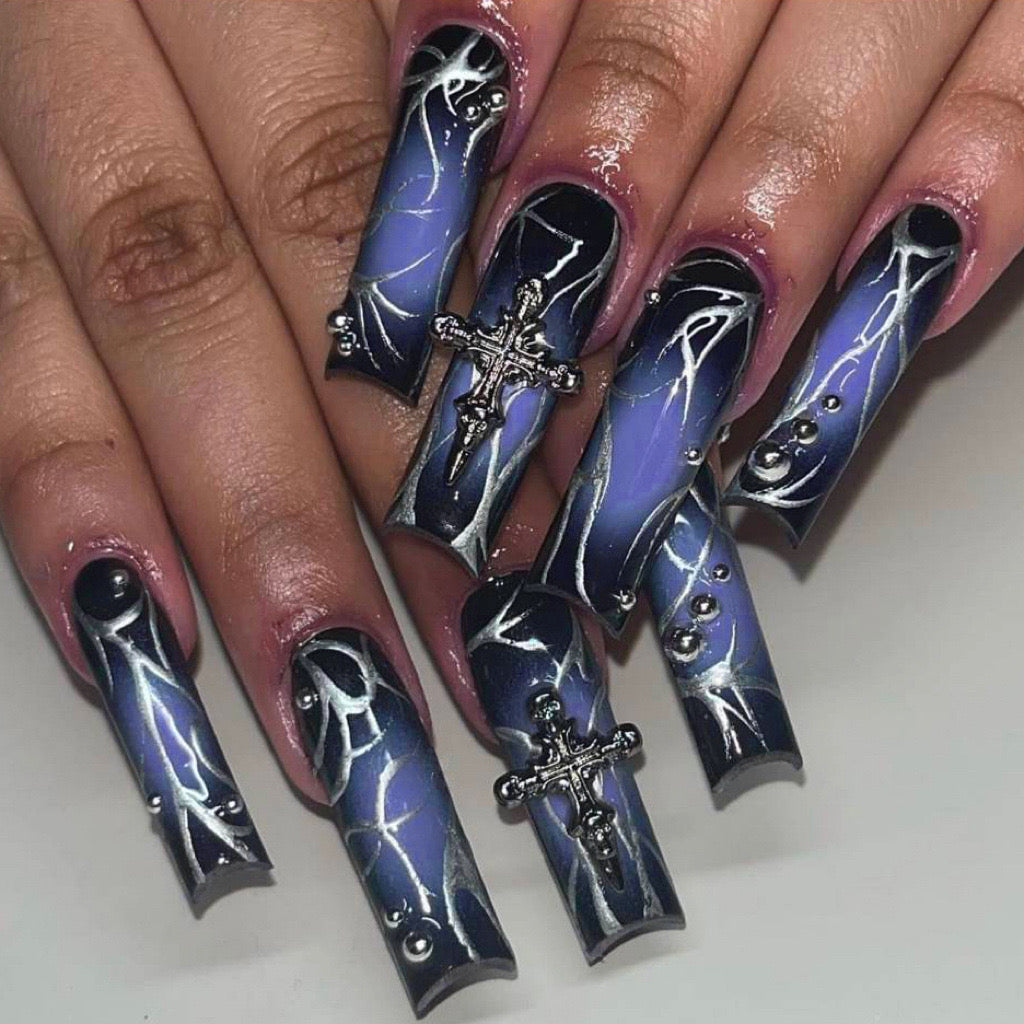Mystic Midnight Extra Long Coffin Press On Nails in Glossy Dark Blue with Crucifix Charms and Lightning Accents