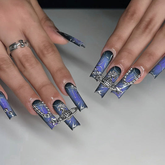 Gothic Glamour Ultra Long Coffin Press On Nails in Metallic Blue with Chain Accents and Crucifix Embellishments