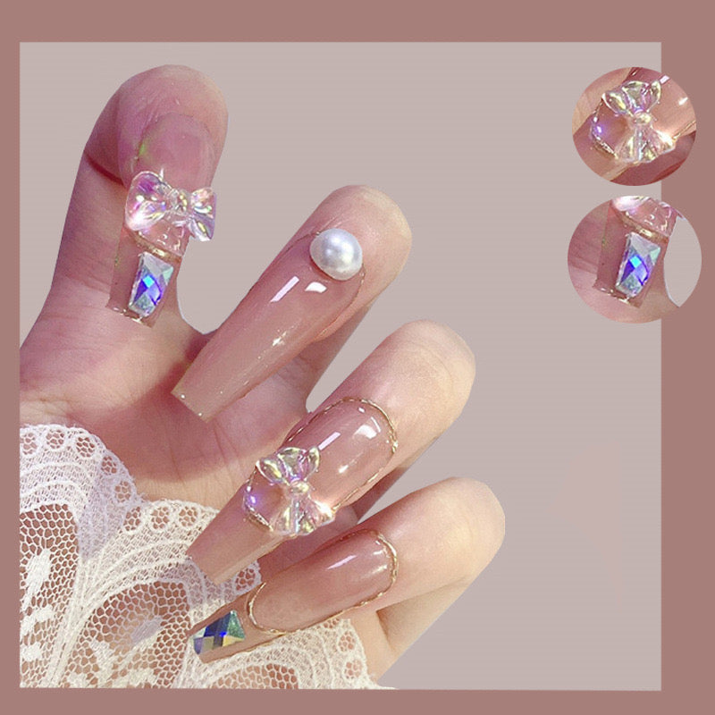 Chic Long Coffin Blush Press-Ons Adorned with Lustrous Pearls and Holographic Accents