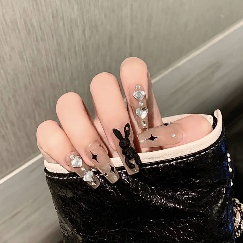 Bunny Brand Long Coffin Black Cute Press On Nails