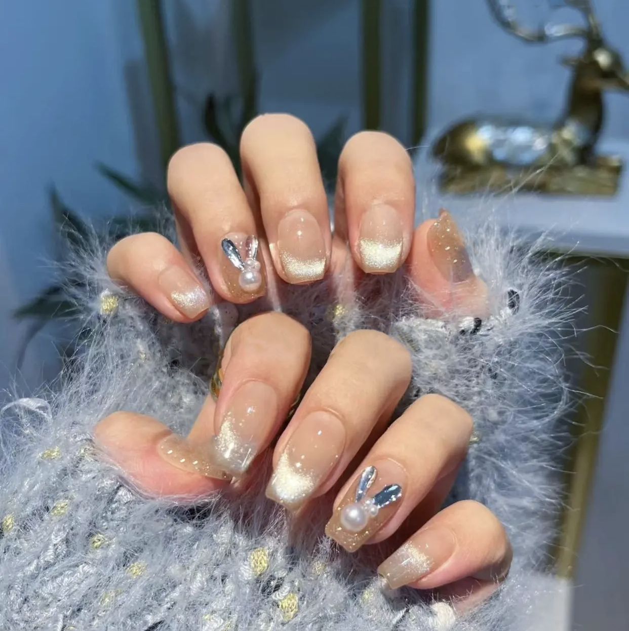 Bunny Vibe Medium Coffin White Glitter Press On Nails