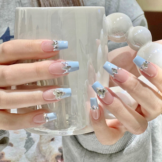 Most Recent Long Coffin Blue Studded Press On Nails