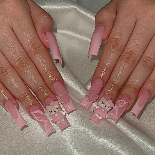 Hello Hello Hello Kitty Long Square Pink Cute Press On Nails