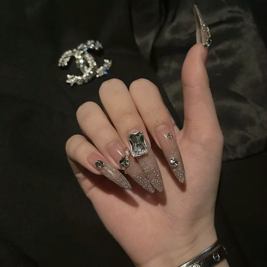 Glistening Gala Extra-Long Stiletto Beige Press-On Nail Set with Silver Glitter and Oversized Jewel Accents