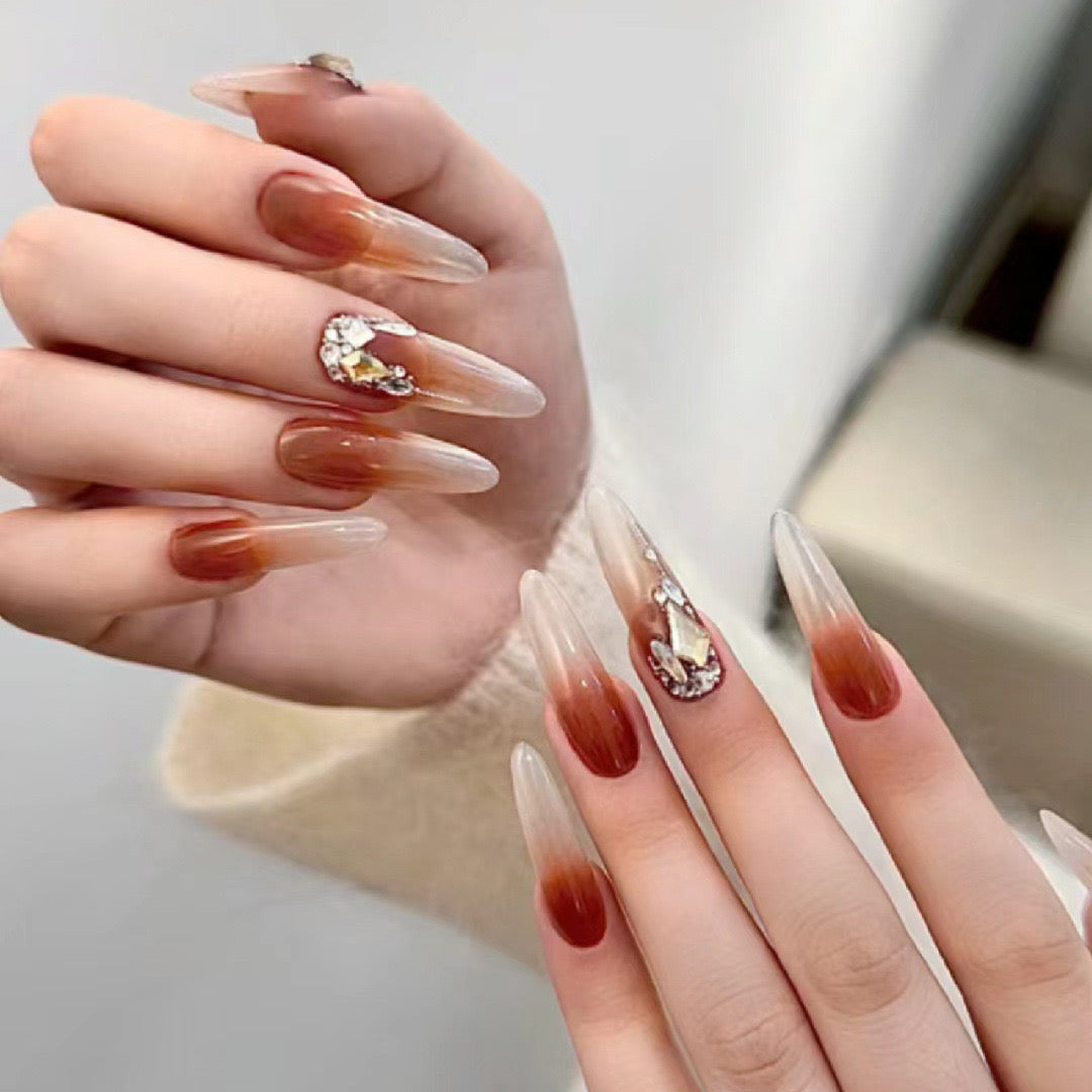 Autumn Spice Extra-Long Stiletto Ombre Press-On Nail Set with Gold Flakes and Jewel Embellishments