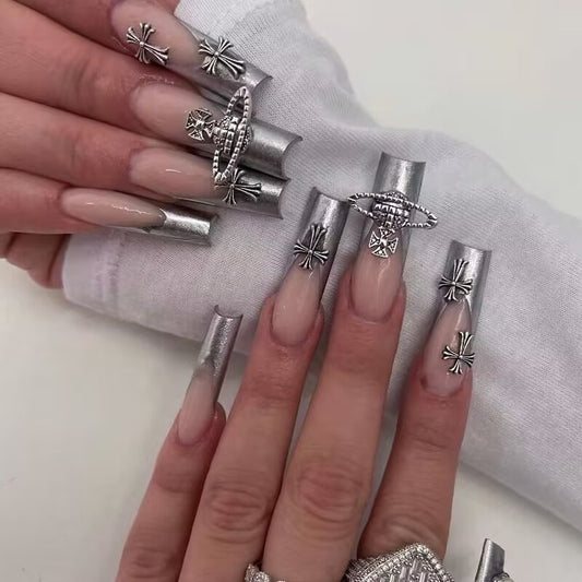 Solar System Long Square Silver Studded Press On Nails