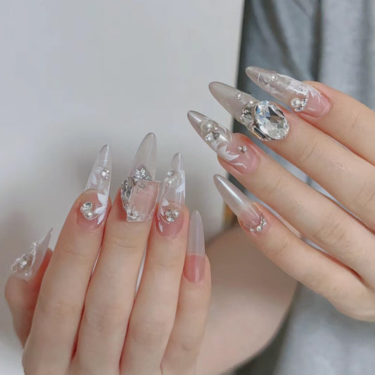 Diamond Frost Extra-Long Stiletto Clear Press-On Nail Set with Large Gemstone Accents and Delicate Embellishments