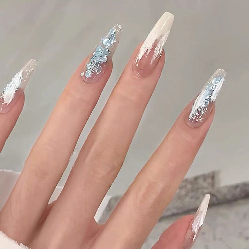 Scraped Long Coffin White Marble Press On Nails