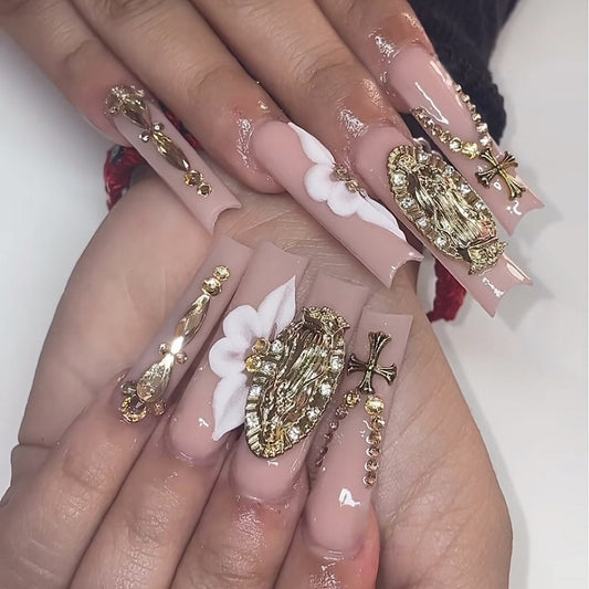 Off To Church Long Square Gold Studded Press On Nails