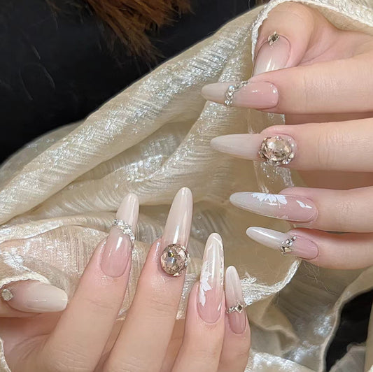 Bridal Bliss Long Almond Pale Pink Press-On Nail Set with Crystal Embellishments and White Feather Accents