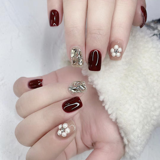Opulent Burgundy Medium Square Press-On Nail Set with Gold Foil Accents and Pearl Embellishments