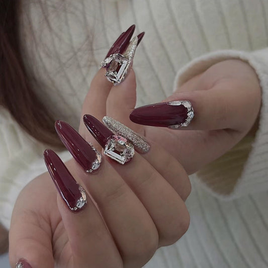 Glamorous Gala Extra-Long Stiletto Burgundy Press-On Nail Set with Glitter Accents and Jewel Embellishments