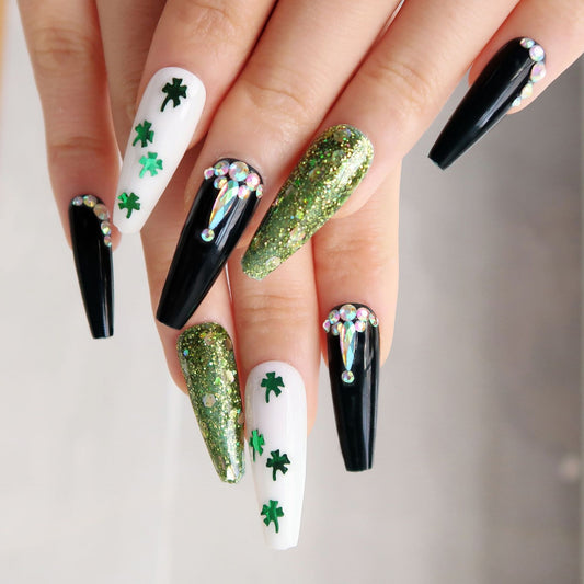 Lucky You Long Coffin Green St. Patrick's Day Press On Nails