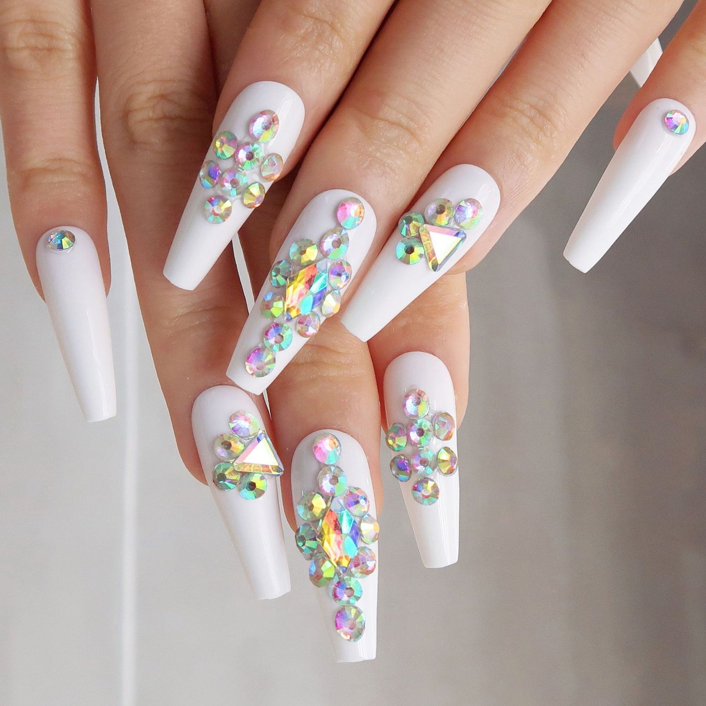 Diamond Star Long Coffin White Studded Press On Nails