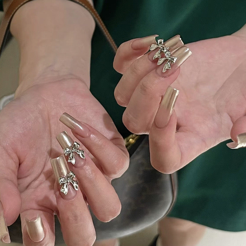 Luxe Gold Medium Coffin Press On Nails with Elegant Floral Embellishments