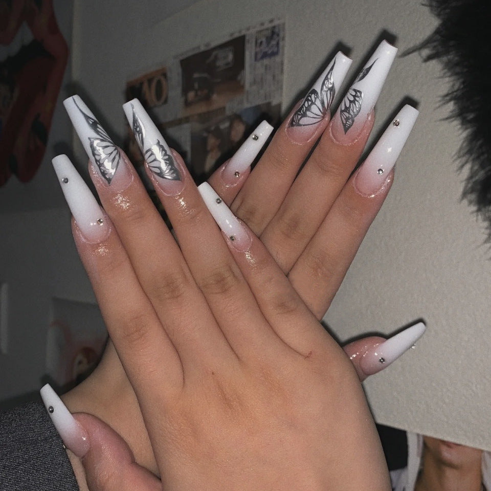 Fly Away Long Coffin White Butterfly Press On Nails