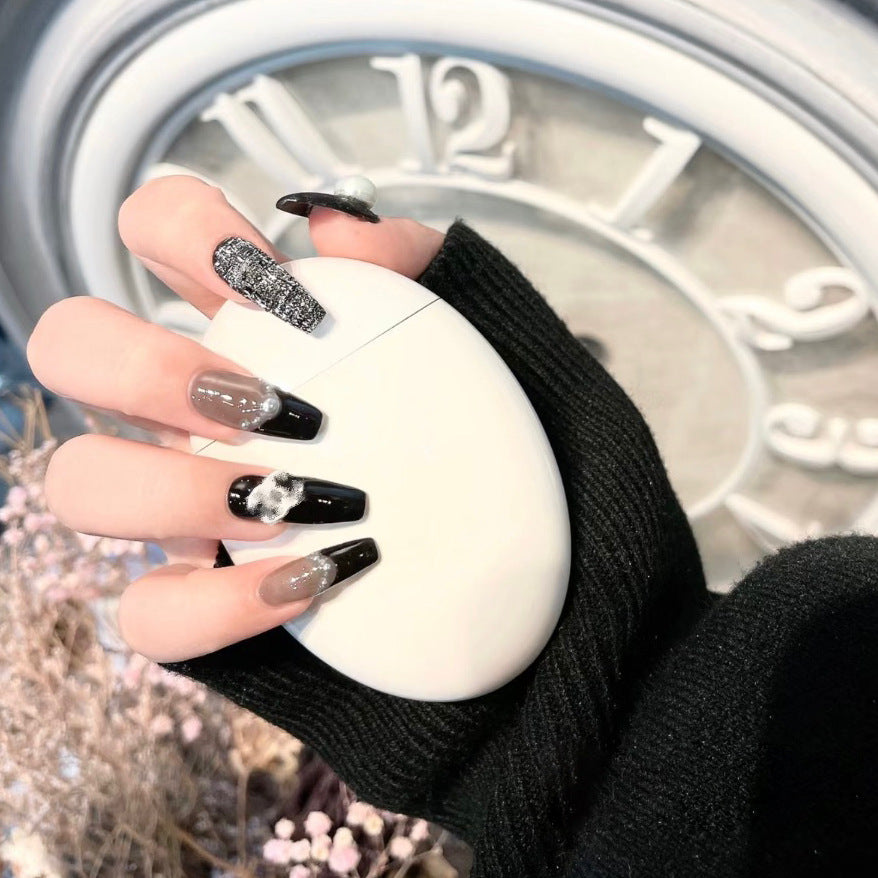 Chanel Tweed Medium Coffin Black Pearls Press On Nails RainyRoses