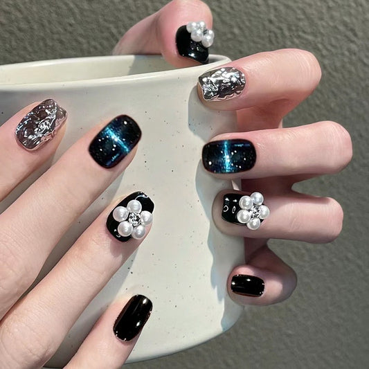 Galactic Noir Short Square Press-On Nail Set with Cosmic Glitter and Pearl Constellation Design
