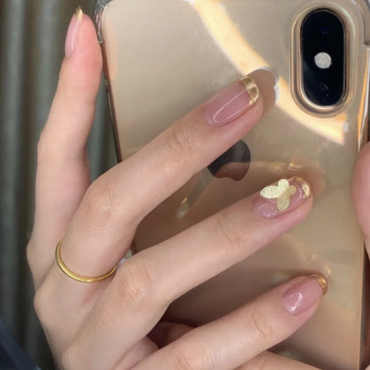 Elegant Affair Medium Square Press on Nail Set in Sheer Pink with Gold Accents and Butterfly Charm