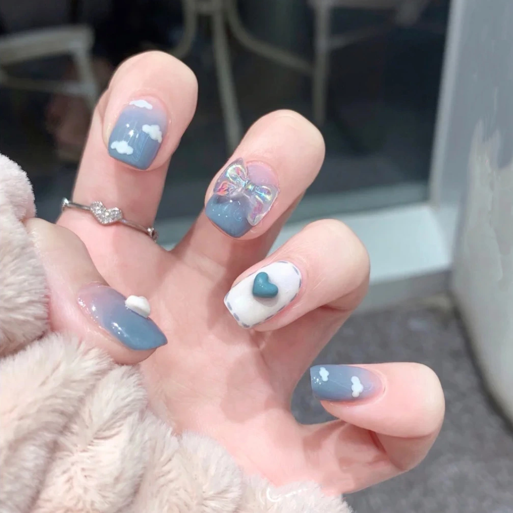 Dreamy Sky Medium Square Press on Nail Set in Gradient Blue and White with Cloud and Heart Accents