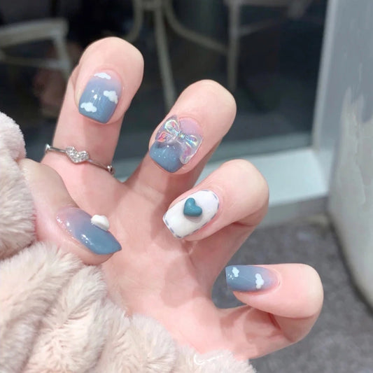 Dreamy Sky Medium Square Press on Nail Set in Gradient Blue and White with Cloud and Heart Accents