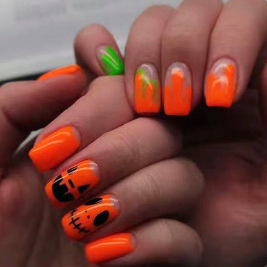 Pumpkin Carvin Medium Squoval Orange Halloween Press On Nails