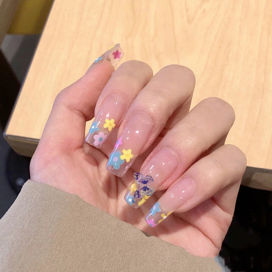 Spring Blossom Long Coffin Press on Nail Set in Sheer Pink with Pastel Flower Accents and Butterfly Charm
