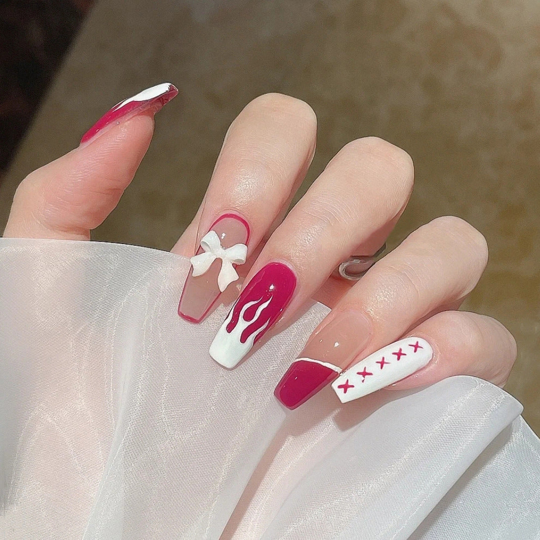 Valentine Vibe Long Coffin Press on Nail Set in White and Crimson with Glossy Finish and Heart Accents