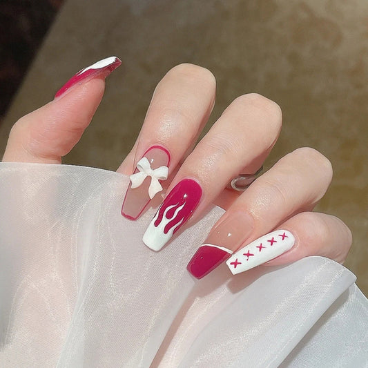 Valentine Vibe Long Coffin Press on Nail Set in White and Crimson with Glossy Finish and Heart Accents