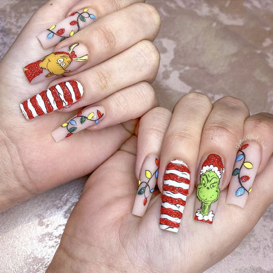 Holiday Cheer Festive Long Coffin Press On Nails with Multicolor Christmas Lights and Character Accents
