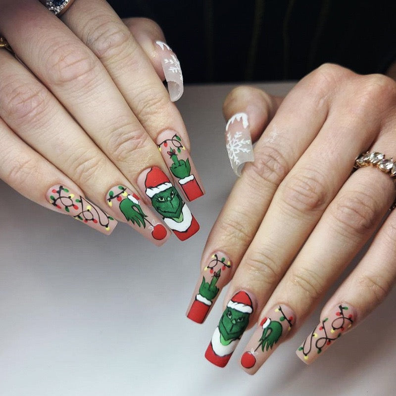 Yuletide Glee Extra Long Coffin Press On Nails in Festive Red with Green Grinch Accents and Christmas Lights Design