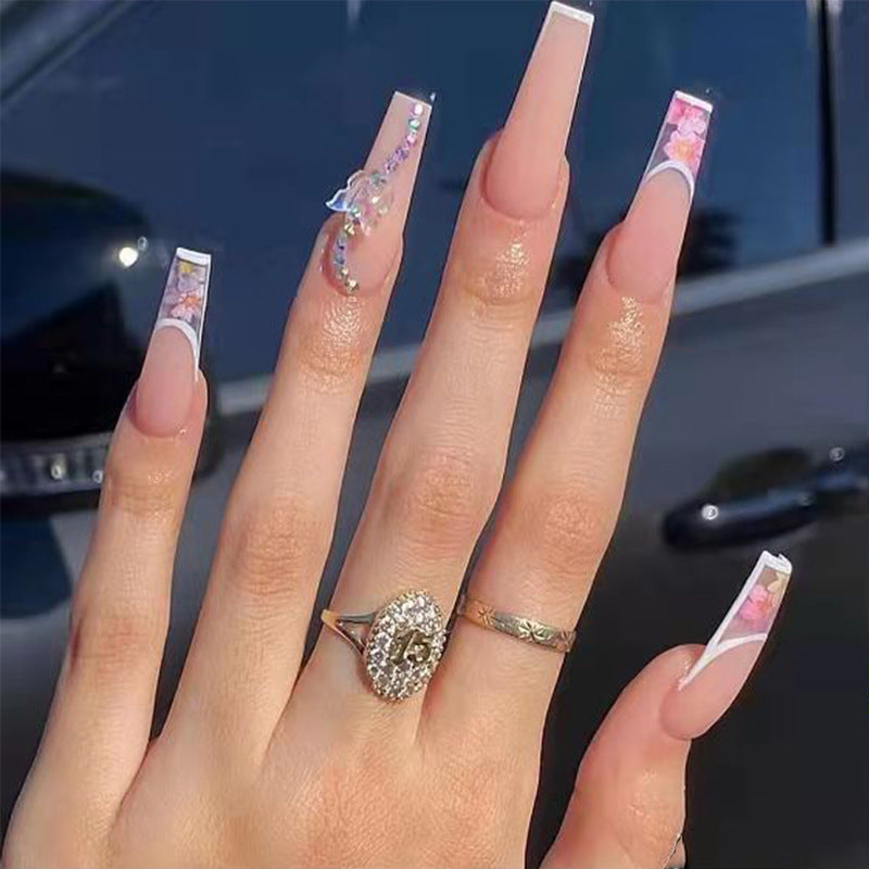 Ethereal Elegance Extra Long Coffin Press on Nail Set in Beige with Pink Marble Accent and Iridescent Rhinestones