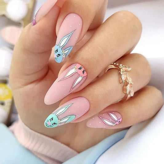 Bunny Hops Long Oval Pink Easter Press On Nails