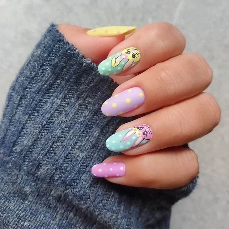 Bunny Bunny Medium Oval Multicolor Easter Press On Nails