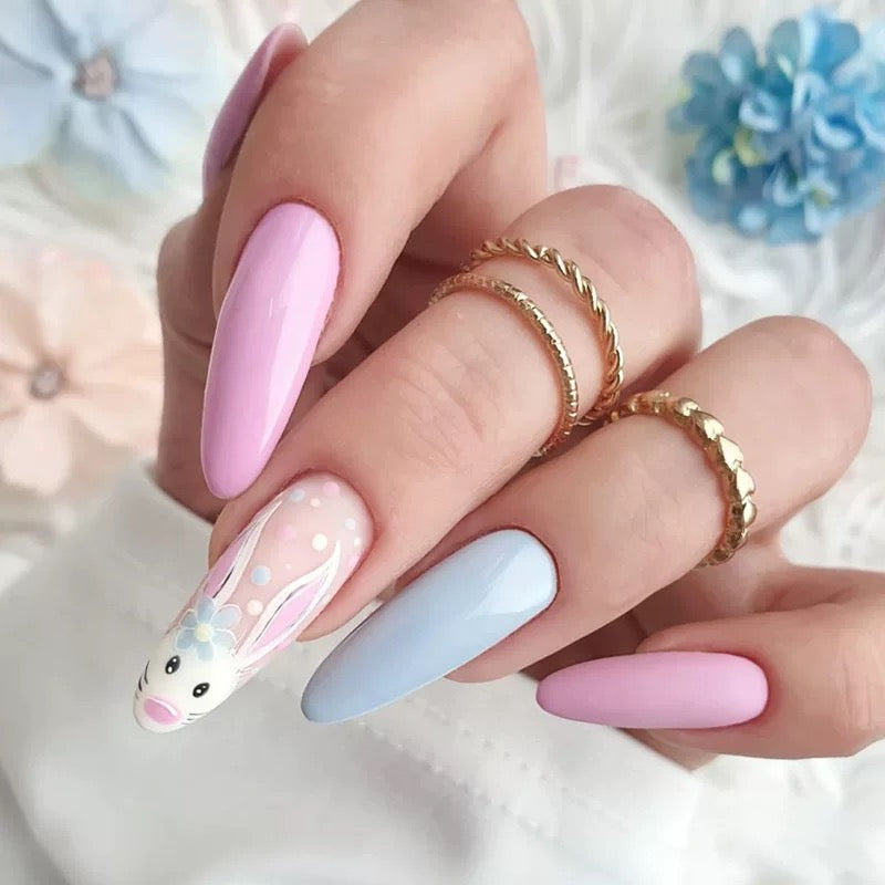 Rabbit Time Long Oval Multicolor Easter Press On Nails