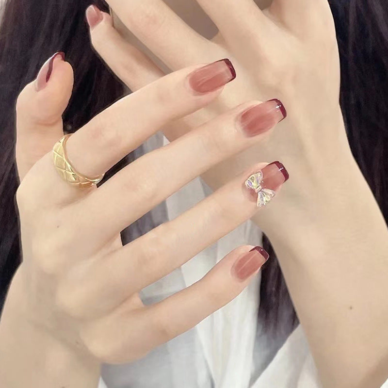 Vintage Vino Medium Square Press on Nail Set in Burgundy French Tip with Sheer Beige Base and Butterfly Charm