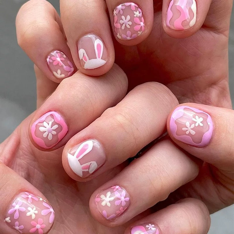 Bunny Hopping Short Squoval Pink Easter Press On Nails