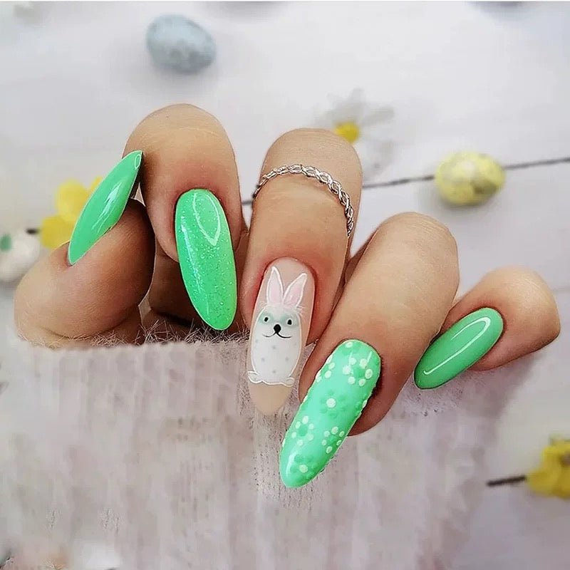 Bouncing Bunny Medium Oval Green Easter Press On Nails