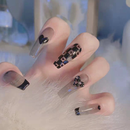 Mystique Noir Long Coffin Press on Nail Set in Clear with Black French Tips, Leopard Print, and Heart Accents